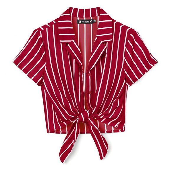 Striped Lapel Collar Top Short Sleeve Tie Front Crop Shirt Red - Picture 1 of 6